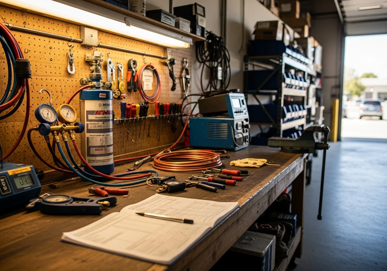 Professional HVAC technician tools and equipment arranged on a work surface, representing the trade expertise and service readiness of the company.
