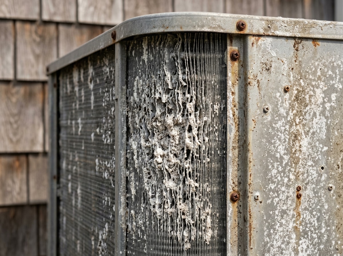 Outdoor condenser unit with corroded coil fins beside a shingled Montauk home