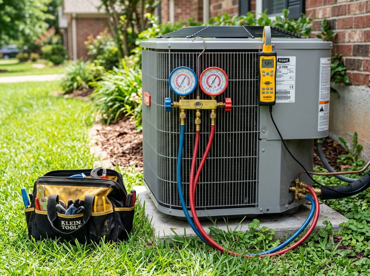 Technician diagnostic gauges connected to a residential air conditioning system