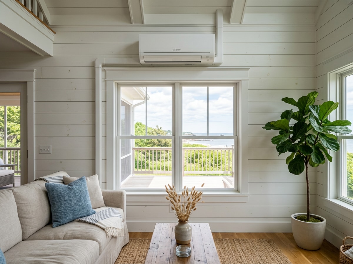 Wall-mounted ductless mini-split head installed above a window in a coastal living room