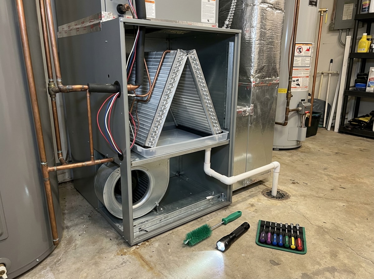 Clean evaporator coil and service tools inside an open residential air handler cabinet