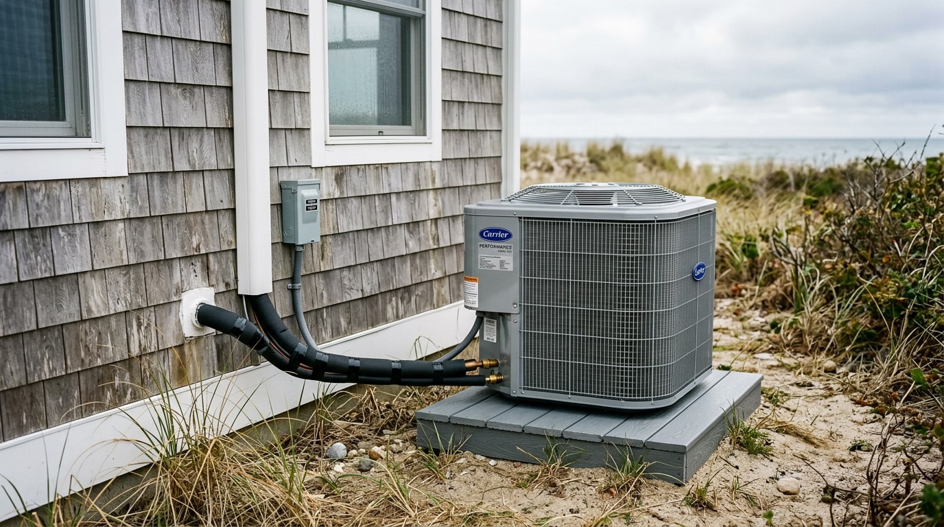 Residential AC condenser unit installed beside a cedar-shingle coastal home in Montauk, NY Residential AC condenser unit installed beside a cedar-shingle coastal home in Montauk, NY