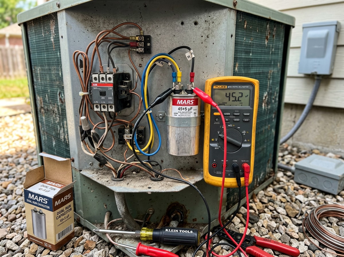 Technician testing an air conditioner run capacitor with a multimeter during a repair call