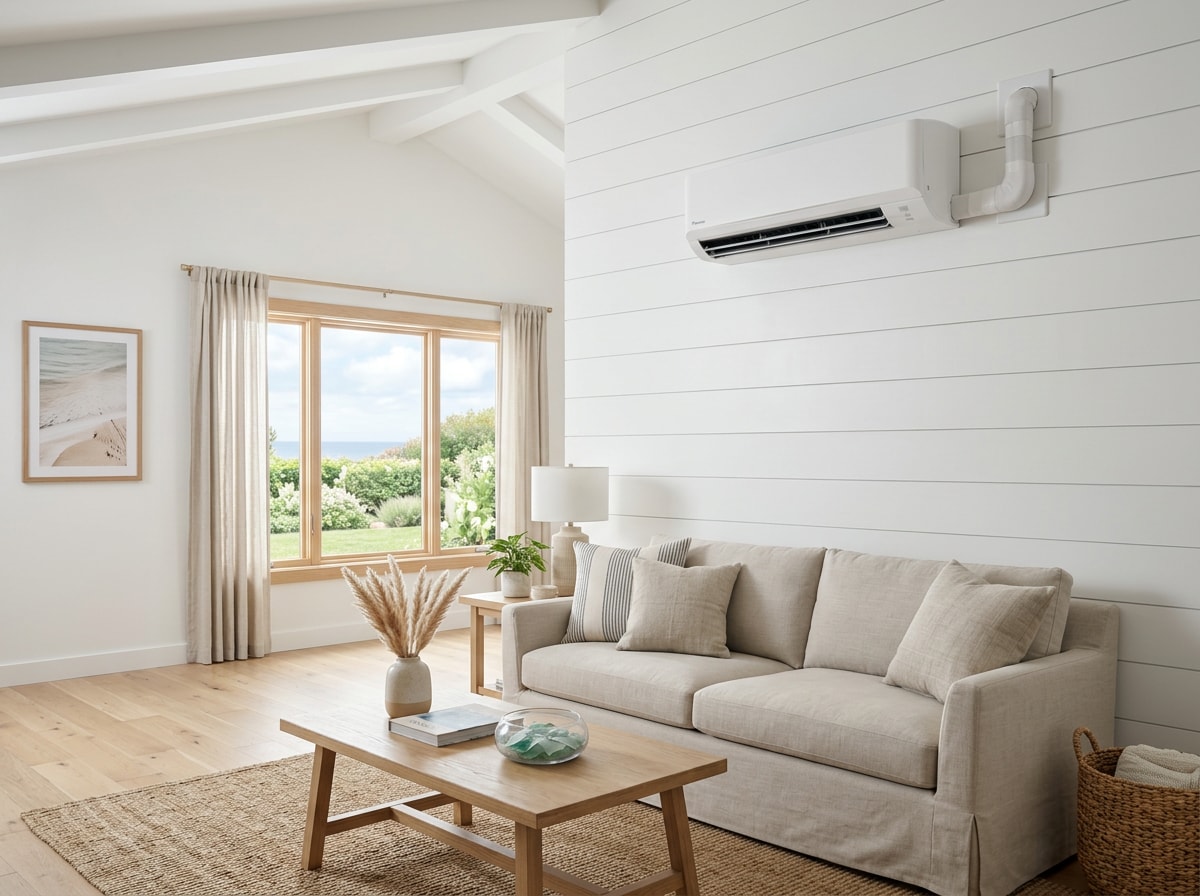 Newly installed ductless mini split indoor head mounted on a white wall in a Hamptons living room