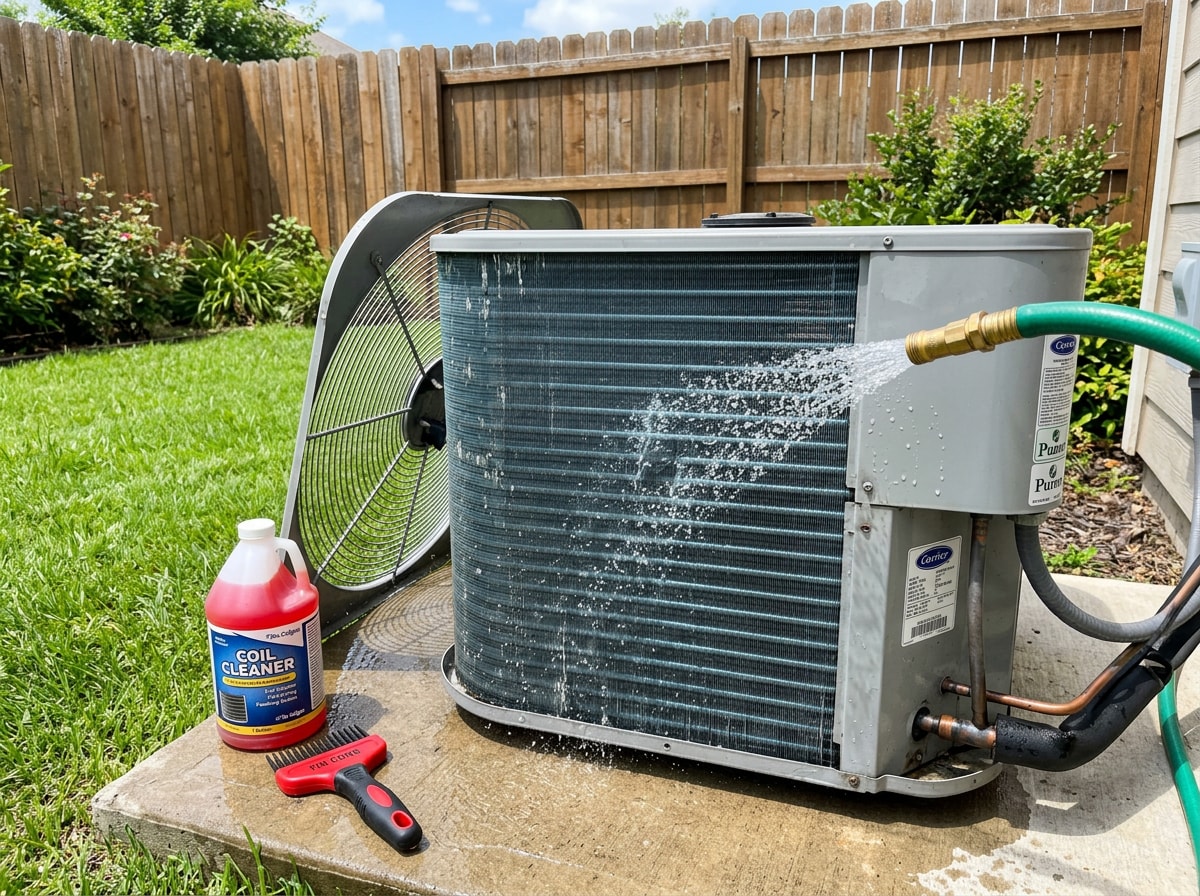 Technician rinsing a residential outdoor condenser coil during seasonal AC maintenance