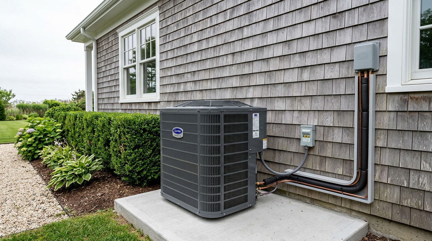 New outdoor AC condenser installed beside a cedar shingle home in East Hampton, NY