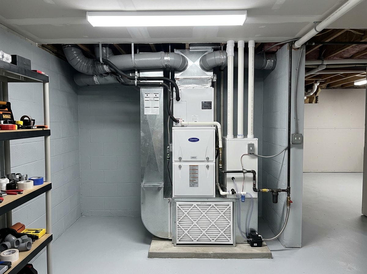 Residential gas furnace and air handler installed in a clean Long Island basement utility room