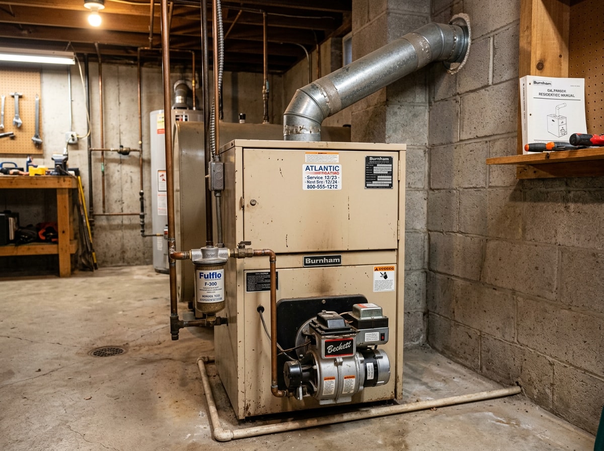 Oil fired furnace with burner assembly, nozzle, and oil filter in a residential utility room