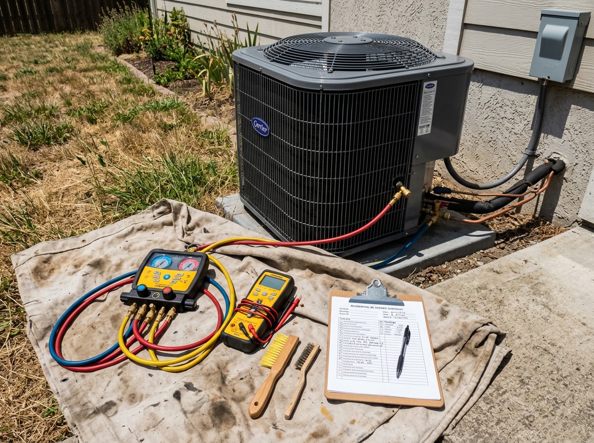 Technician tools, manifold gauges, and a service checklist laid out beside a residential outdoor condenser unit