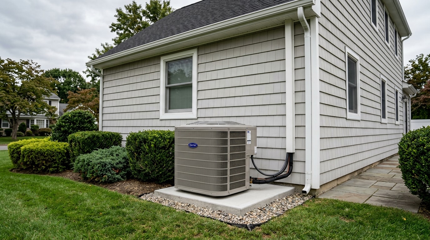 Residential air conditioning condenser installed outside a Long Island home