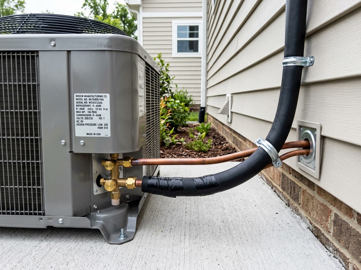 New outdoor condenser installed on a composite pad beside a Long Island home with labeled refrigerant line set