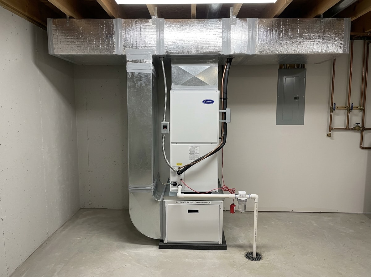 Clean mechanical room with new high efficiency air handler, sealed duct transitions, and labeled condensate line