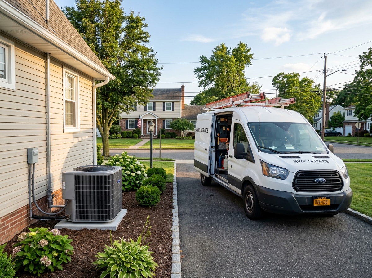 Service van and completed outdoor condenser installation at a suburban Long Island home