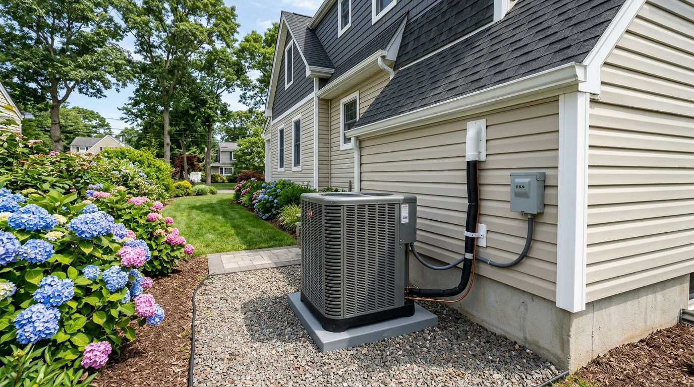 Newly installed outdoor air conditioning condenser at a Long Island home Newly installed outdoor air conditioning condenser at a Long Island home