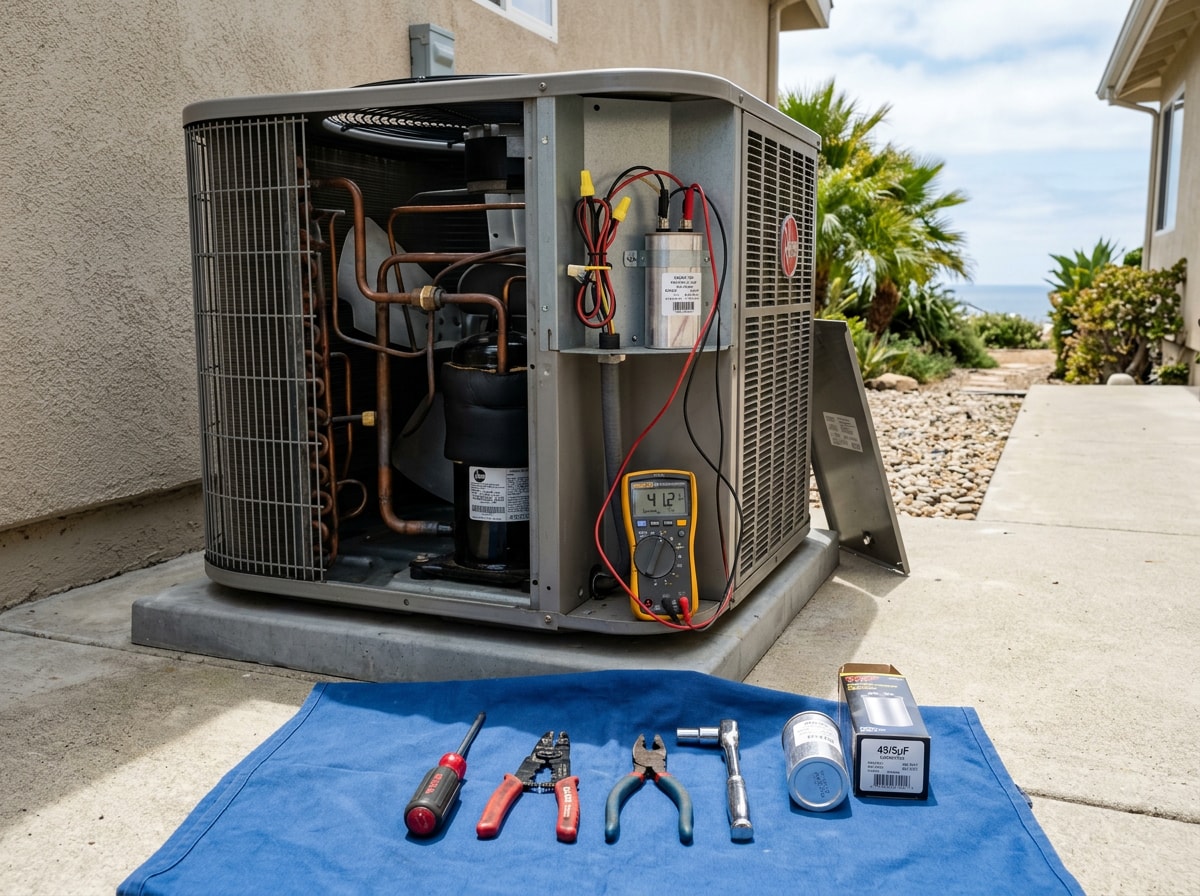 Licensed HVAC technician diagnosing a residential air conditioning condenser at a Montauk home
