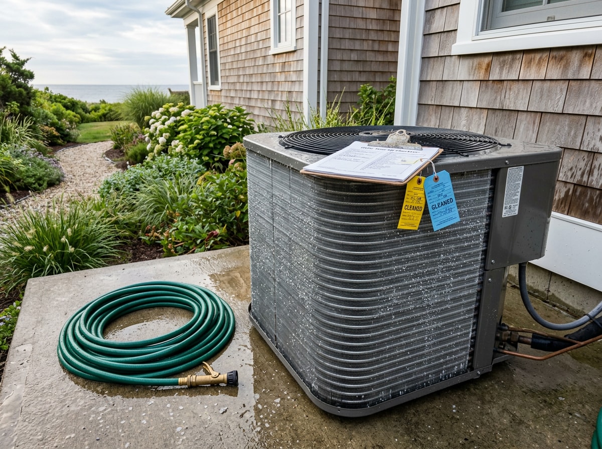 Technician rinsing a cleaned outdoor condenser coil during an annual AC tune-up