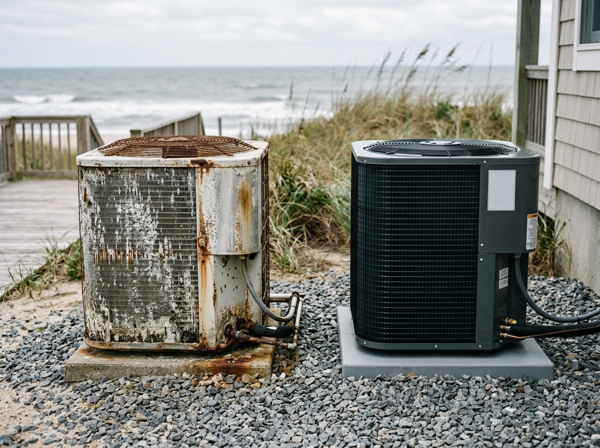 Corroded oceanfront condenser coil beside a freshly replaced unit on a Montauk property