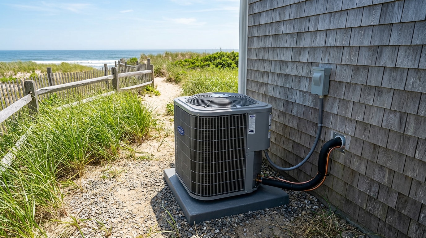 New outdoor AC condenser installed at a shingled coastal home in Montauk, NY New outdoor AC condenser installed at a shingled coastal home in Montauk, NY