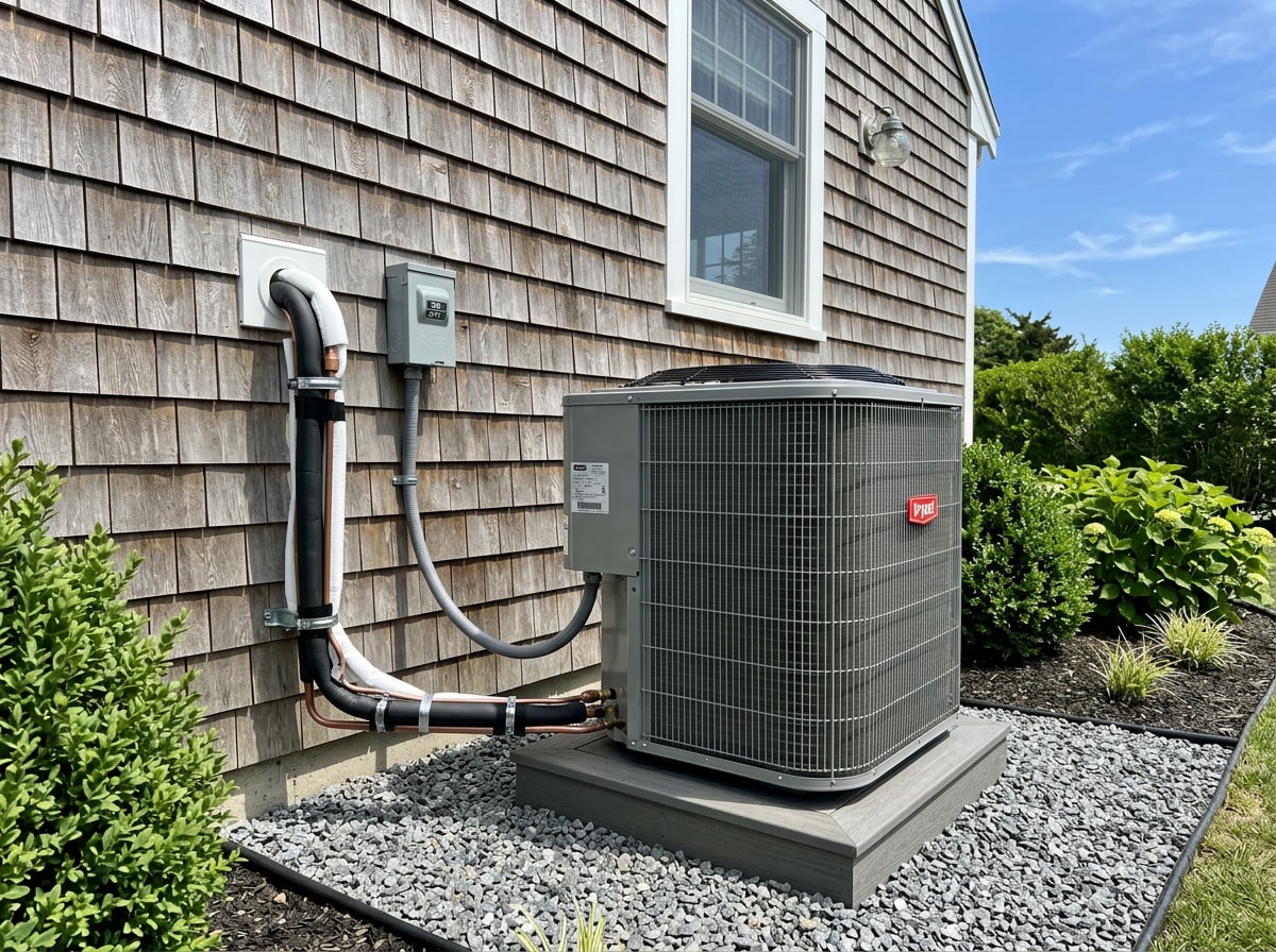 Outdoor condenser unit and refrigerant line set installed beside a cedar shingled East Hampton home