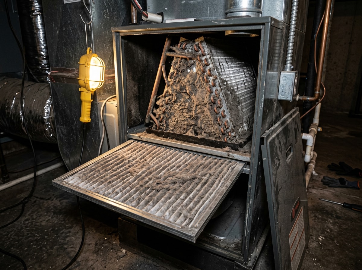 Dirty evaporator coil and clogged pleated filter inside a residential air handler cabinet