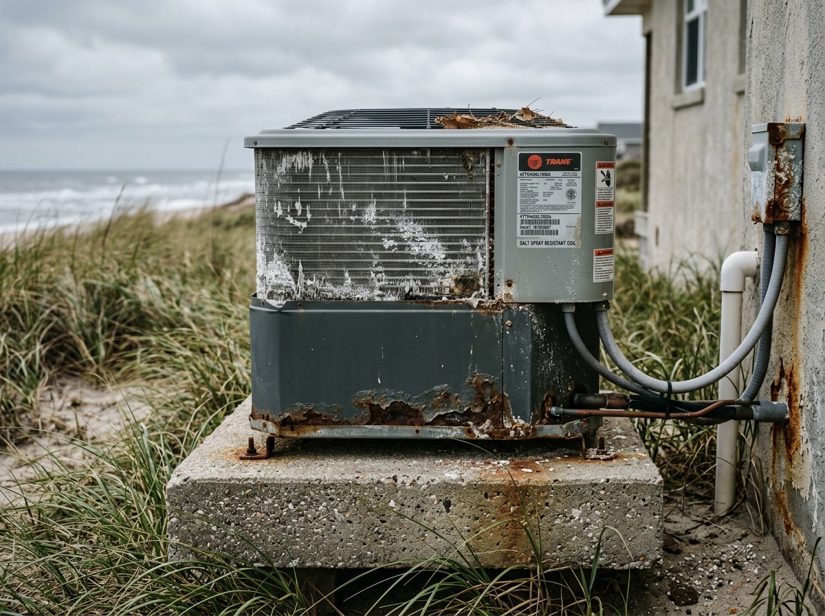 Coastal air conditioning condenser raised on a pad with visible salt corrosion on coil fins
