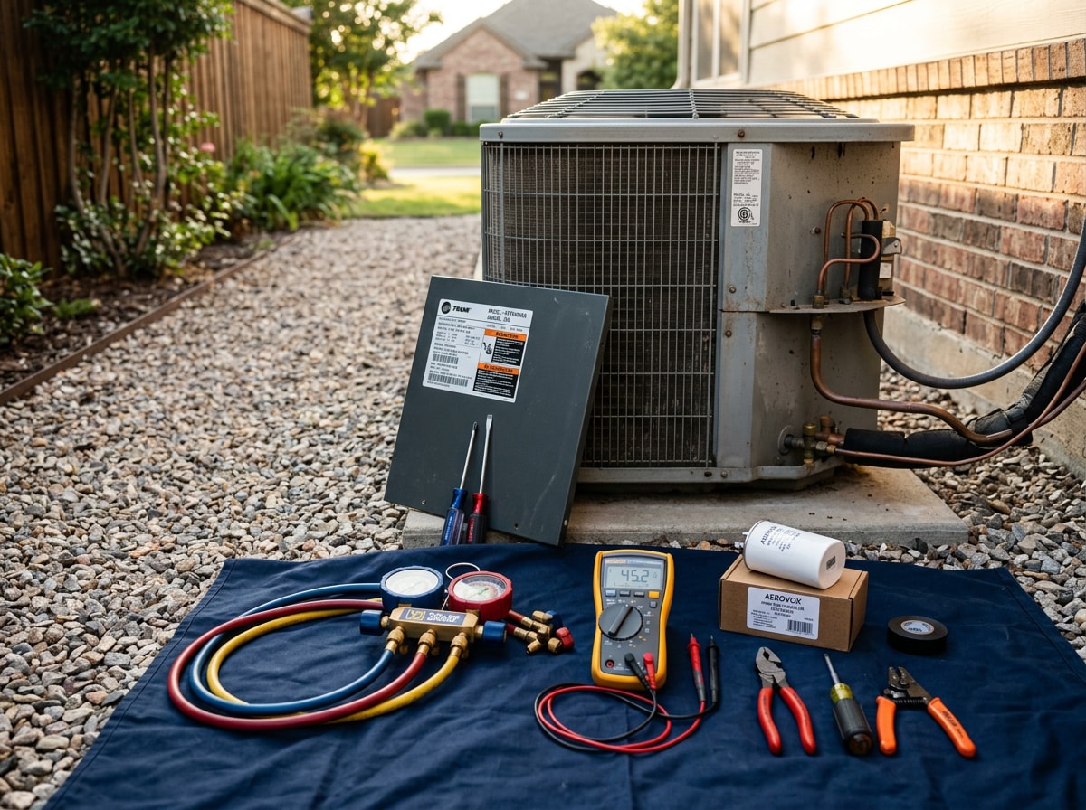Technician tools and gauges set beside a completed air conditioning repair at an East Hampton home