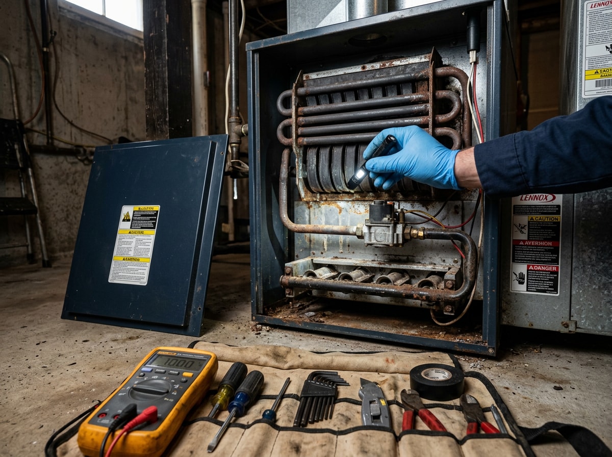 Technician inspecting a gas furnace heat exchanger in a Hamptons NY home