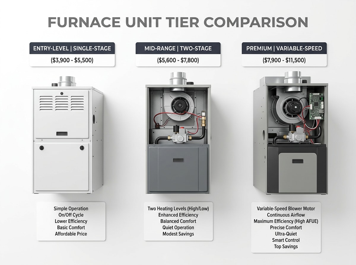 Simple comparison graphic showing entry, mid-range, and premium furnace pricing tiers