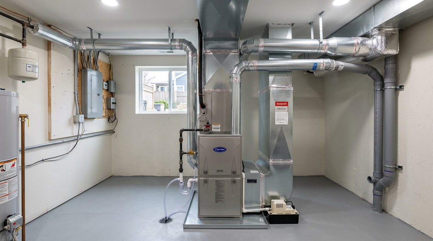 Newly installed gas furnace and ductwork in a Hamptons, NY home mechanical room Newly installed gas furnace and ductwork in a Hamptons, NY home mechanical room