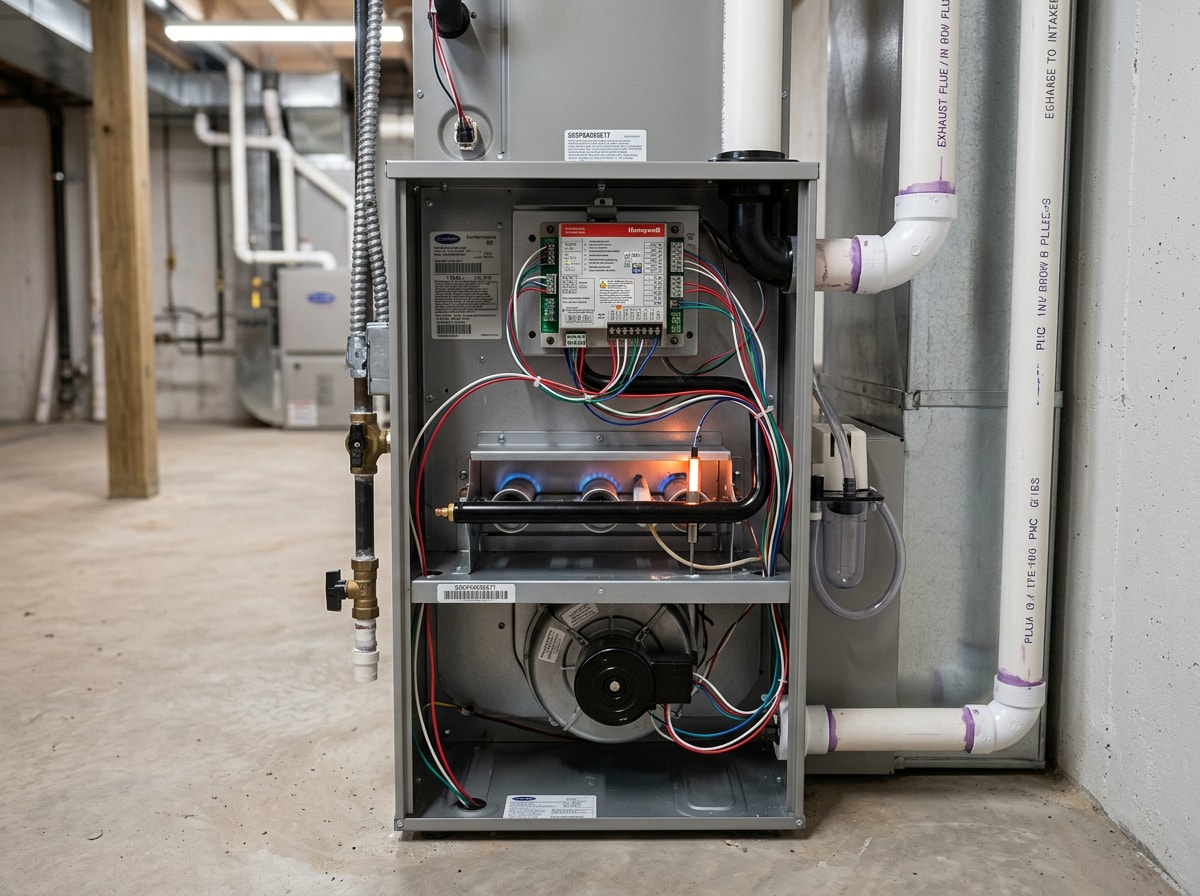 Residential gas furnace with the service panel removed during an after-hours no-heat repair