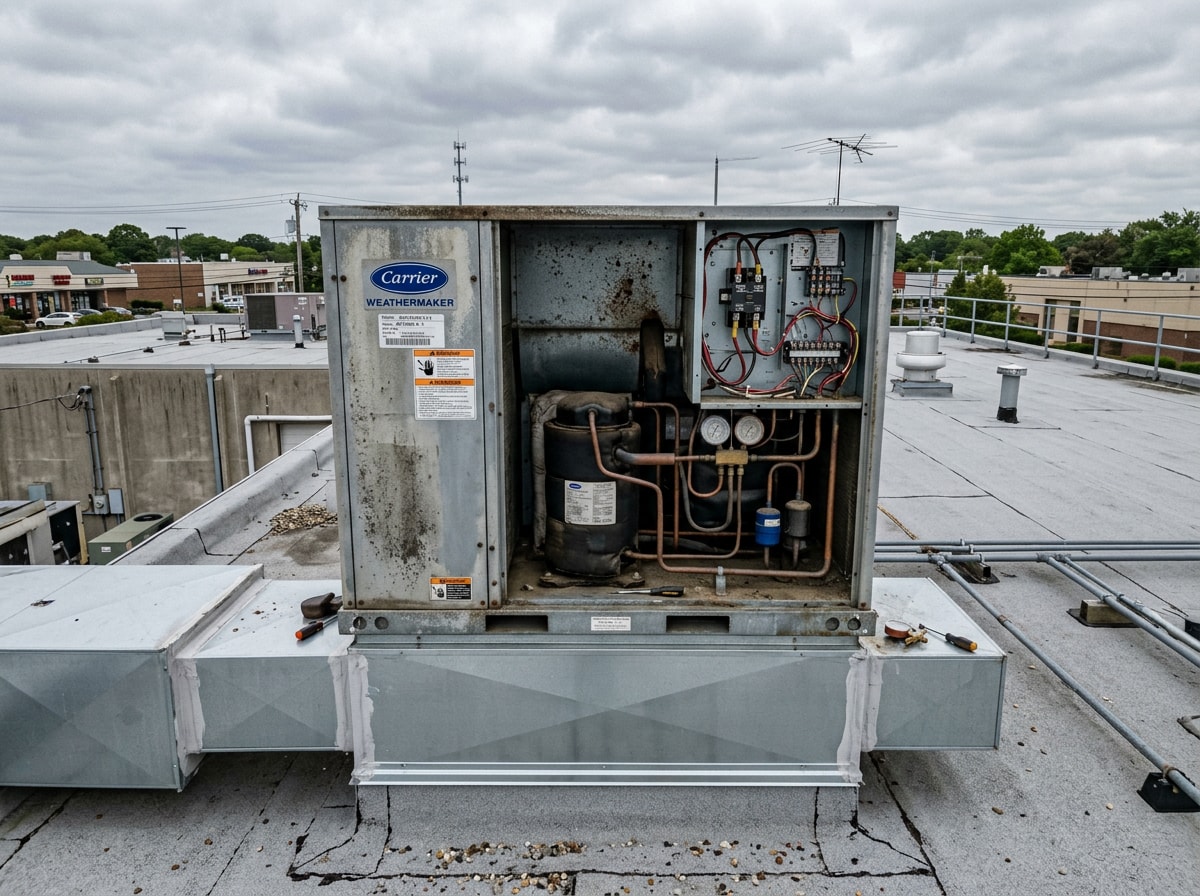 Rooftop packaged HVAC unit with service panels open on a Long Island commercial building