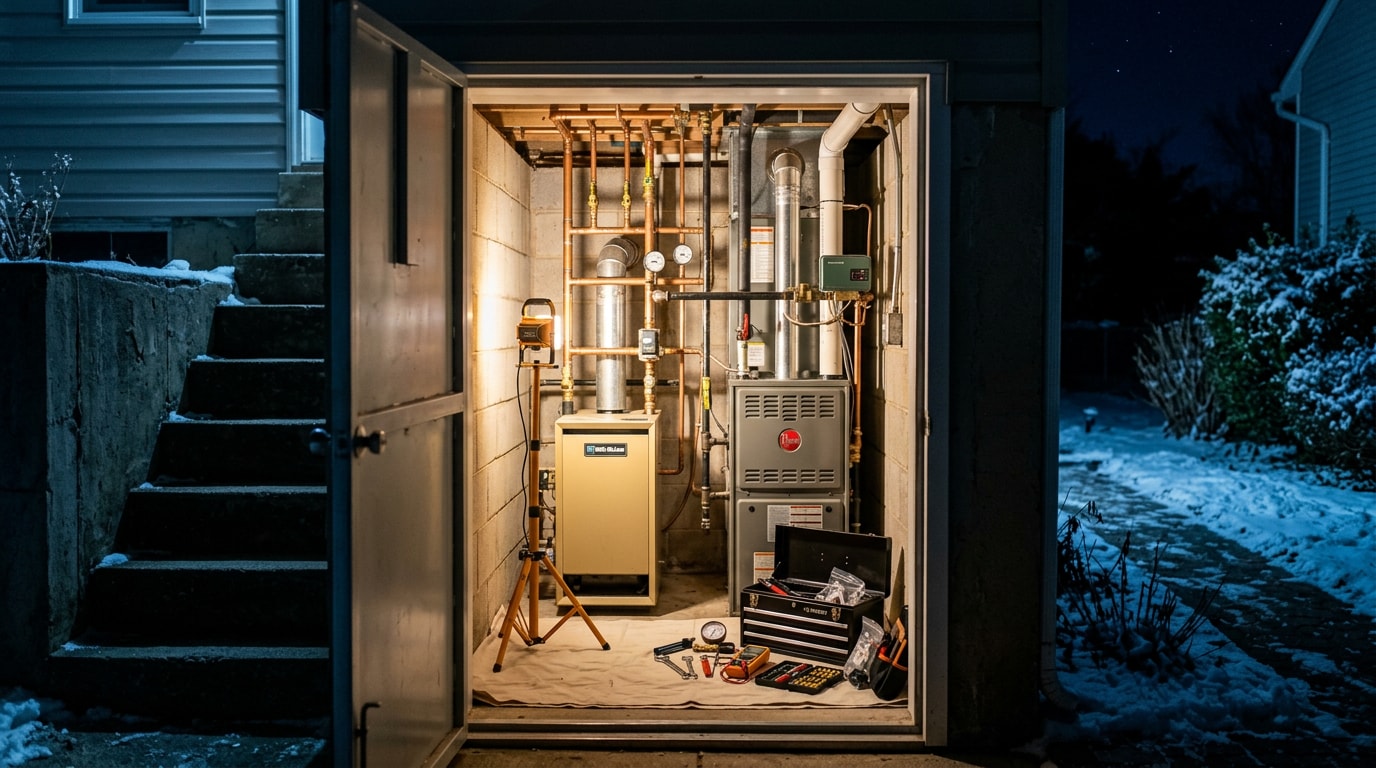 Gas furnace and boiler lit by a work light during a nighttime emergency HVAC service call on Long Island