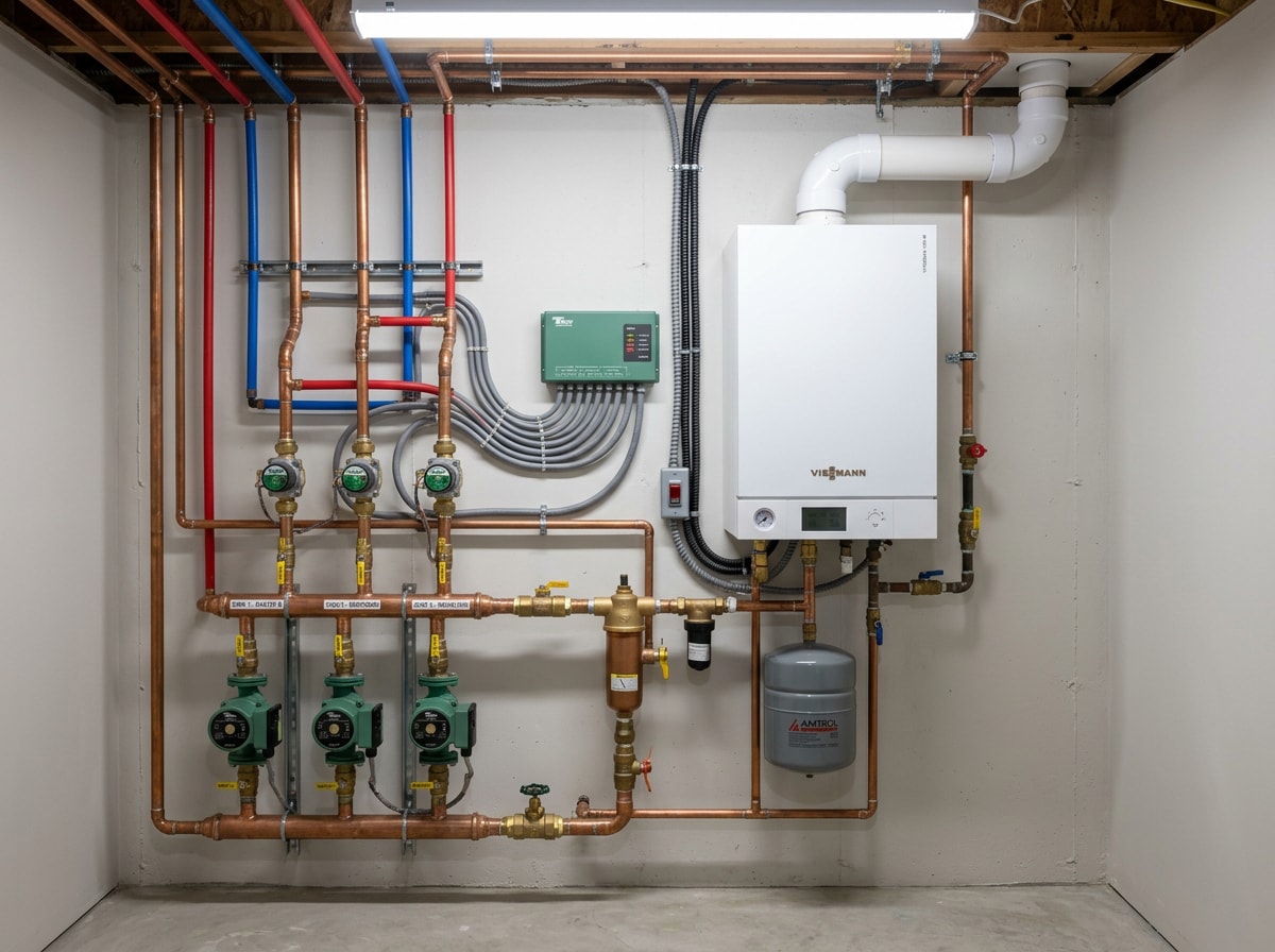 Newly installed gas boiler with copper piping in a Long Island basement