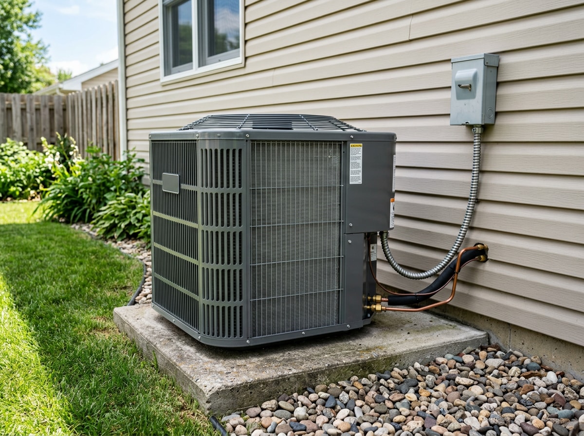 Outdoor central air condenser unit on a concrete pad beside a Long Island home
