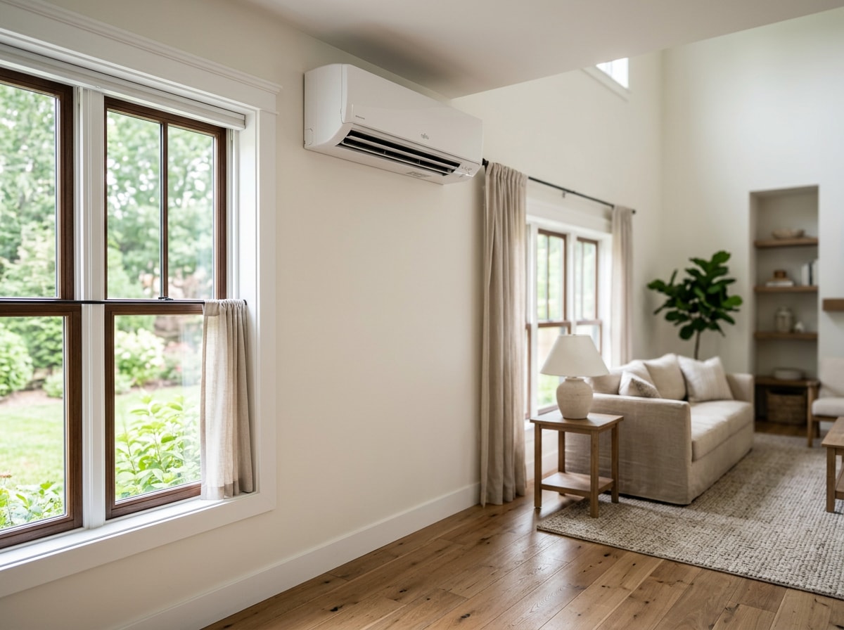 Wall-mounted ductless mini split head installed above a living room window