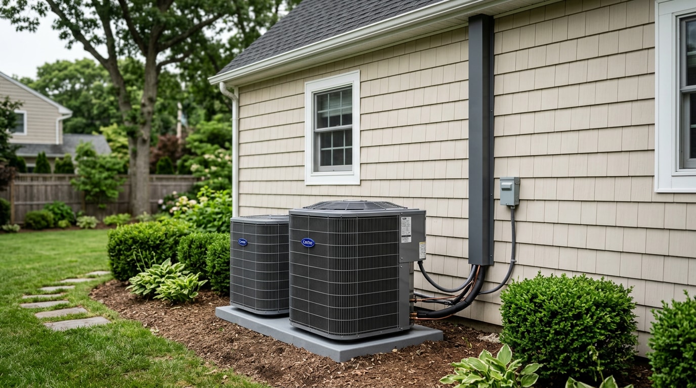 Newly installed outdoor heat pump and AC condenser beside a Long Island home