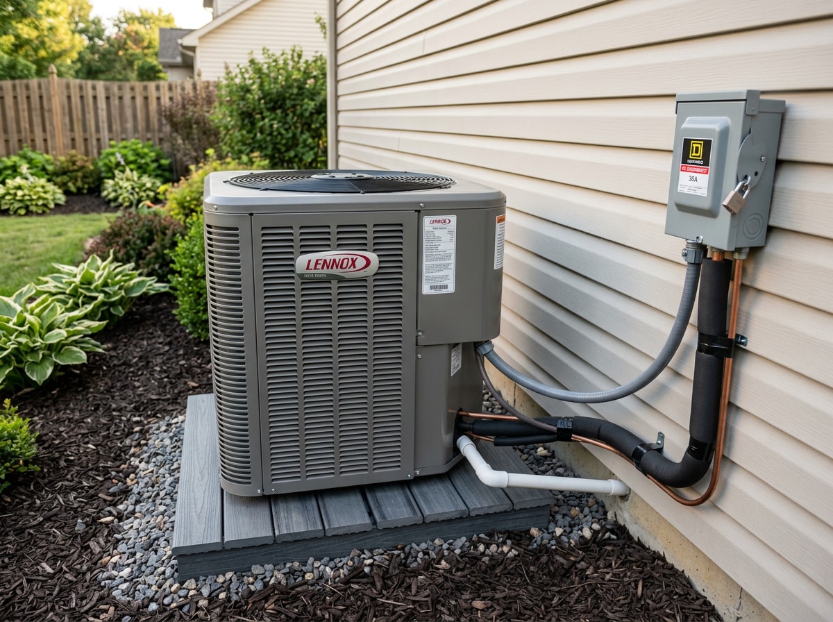 New central air condenser installed on a concrete pad beside a Mount Sinai, NY home