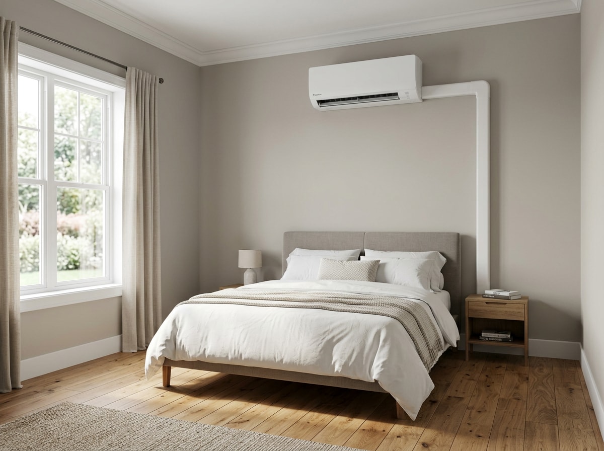Wall-mounted ductless mini-split indoor head installed in a bright Long Island bedroom