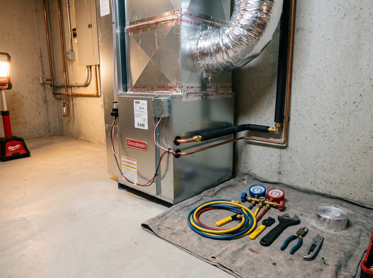 HVAC technician tools and refrigerant gauges staged beside a newly installed indoor air handler