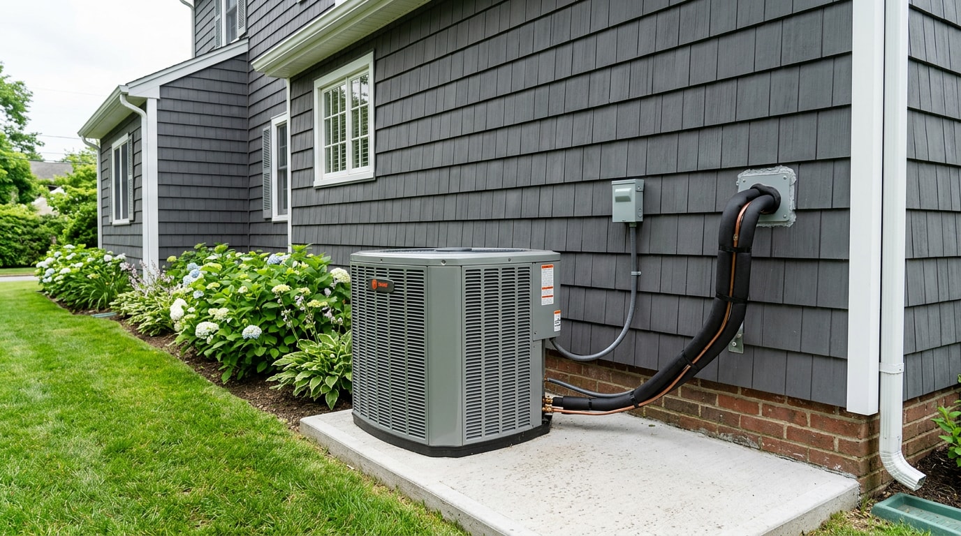 New central air conditioning condenser installed outside a Mount Sinai, NY home