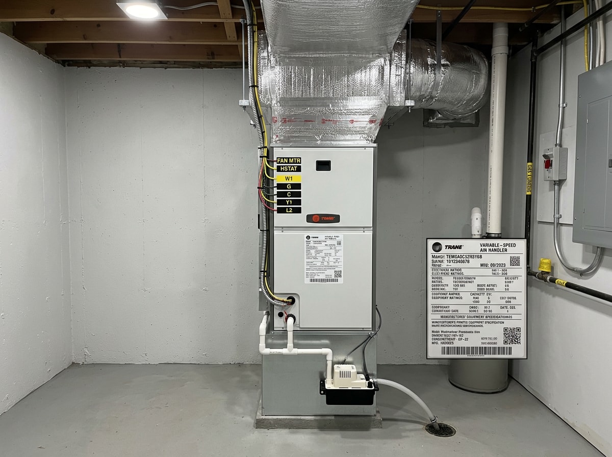 New high-efficiency gas furnace and air handler installed in a Nassau County basement