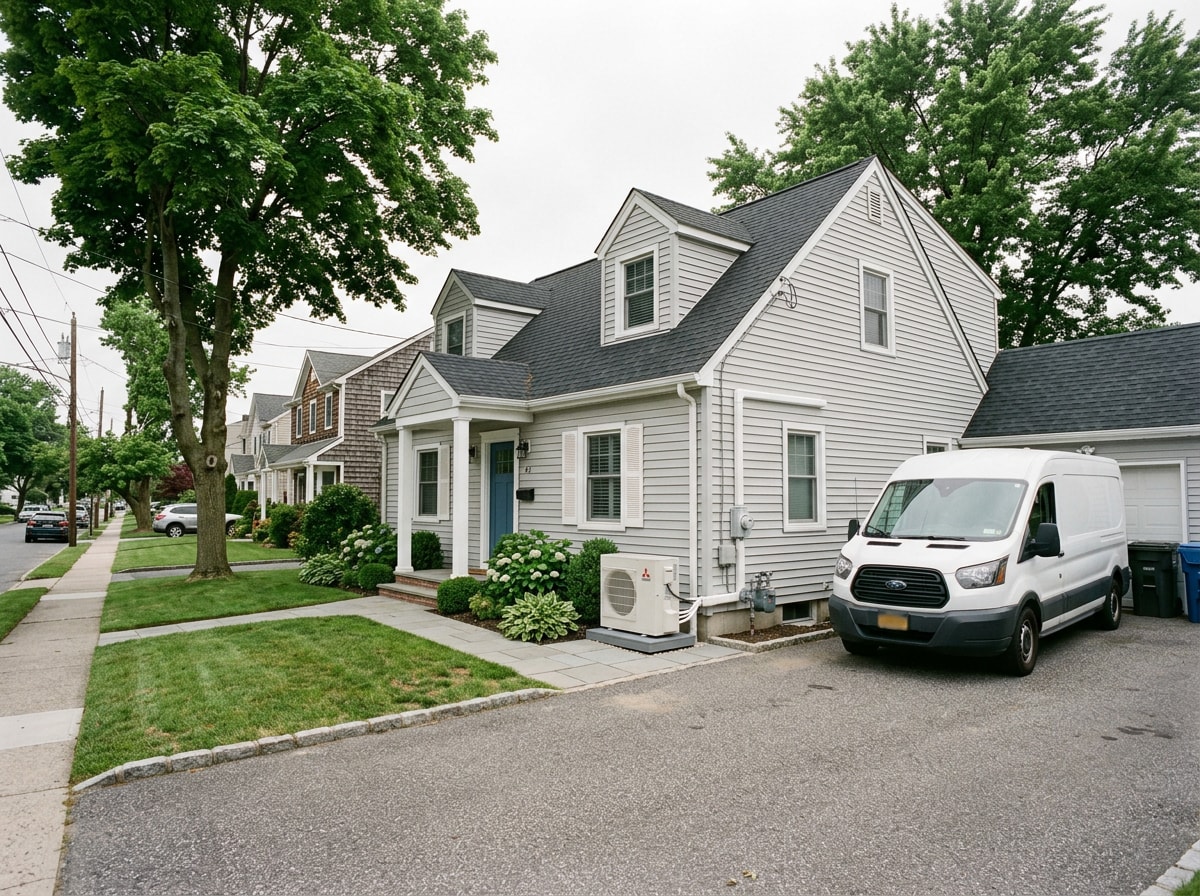 HVAC service van parked in the driveway of a suburban Nassau County home