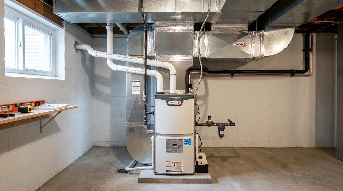 Newly installed high-efficiency furnace and coil in a Nassau County, NY basement