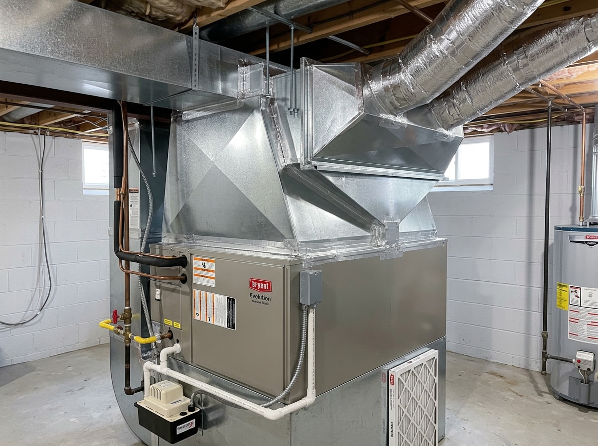 Custom fabricated galvanized sheet metal plenum and trunk line in a residential basement