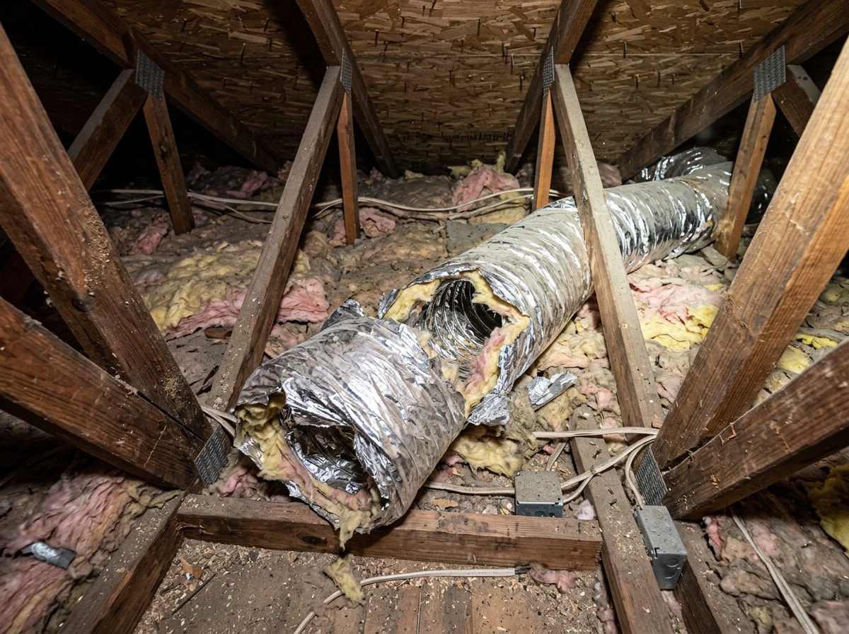 Disconnected and crushed flexible duct run in an attic showing a visible air leak