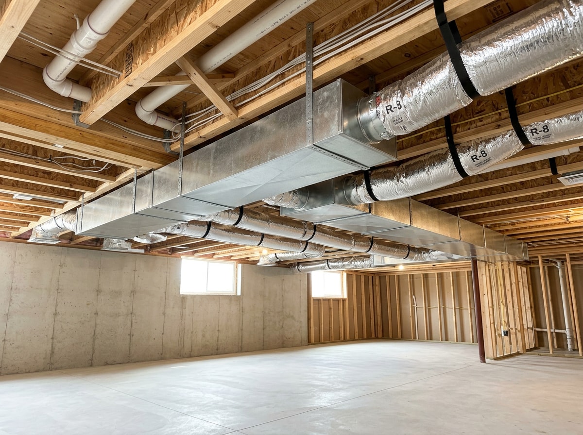 New galvanized trunk line and insulated branch runs installed along a basement ceiling