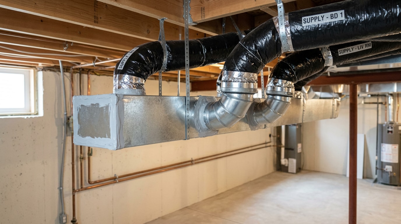 Newly installed galvanized sheet metal duct trunk and insulated branch runs in a residential basement Newly installed galvanized sheet metal duct trunk and insulated branch runs in a residential basement
