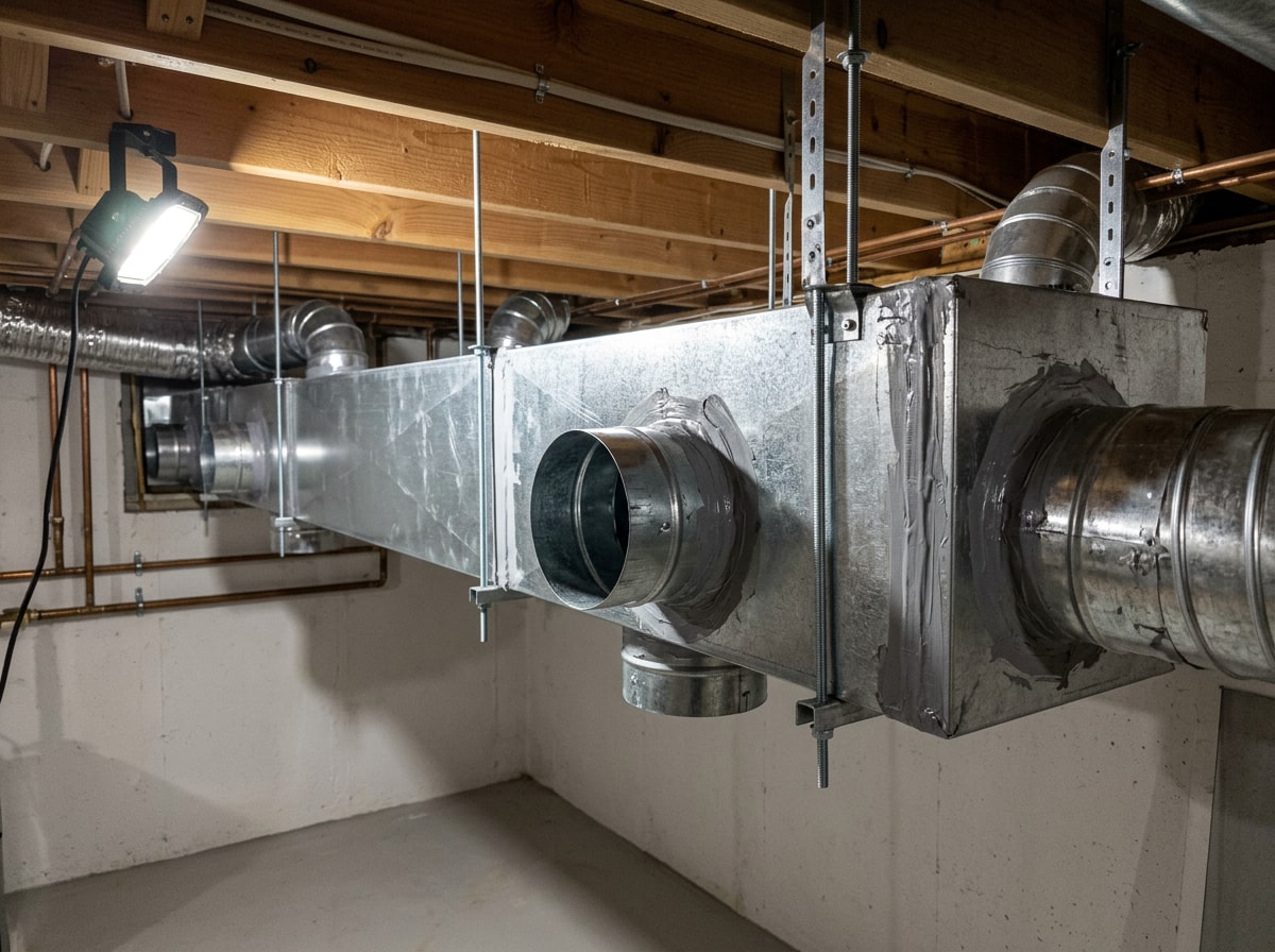 Newly installed rigid sheet metal trunk line and branch takeoffs in a Nassau County basement
