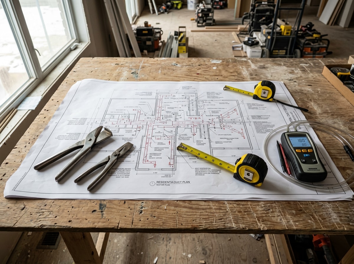 Printed Manual D duct layout plan and sheet metal tools on a job site table
