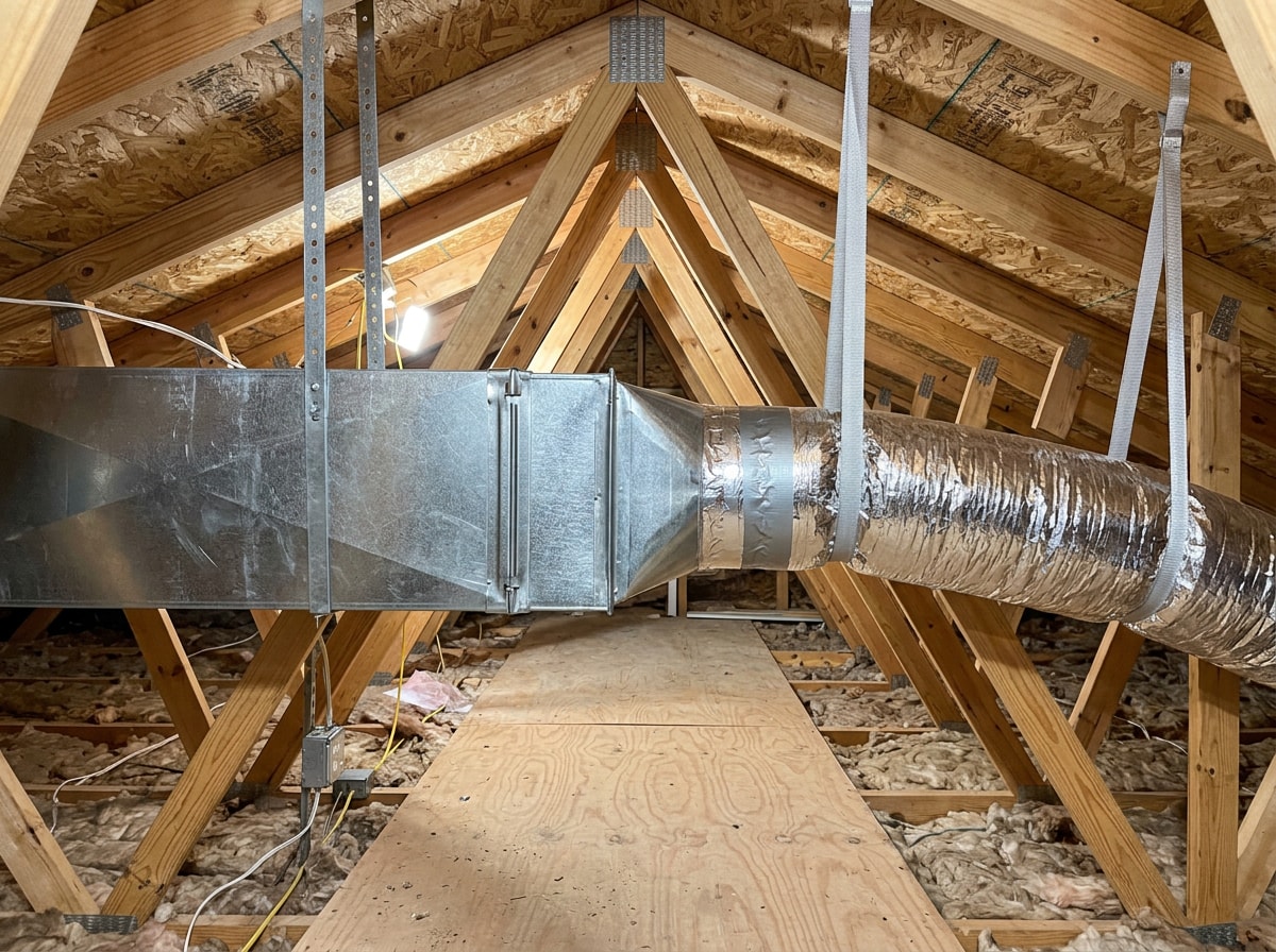 Side by side view of rigid sheet metal ductwork and insulated flexible duct in an attic
